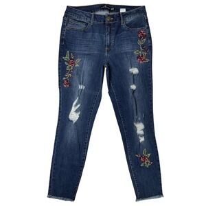 One 5 One Floral Embroidered Distressed Skinny Jeans Blue Size 12 DR3010